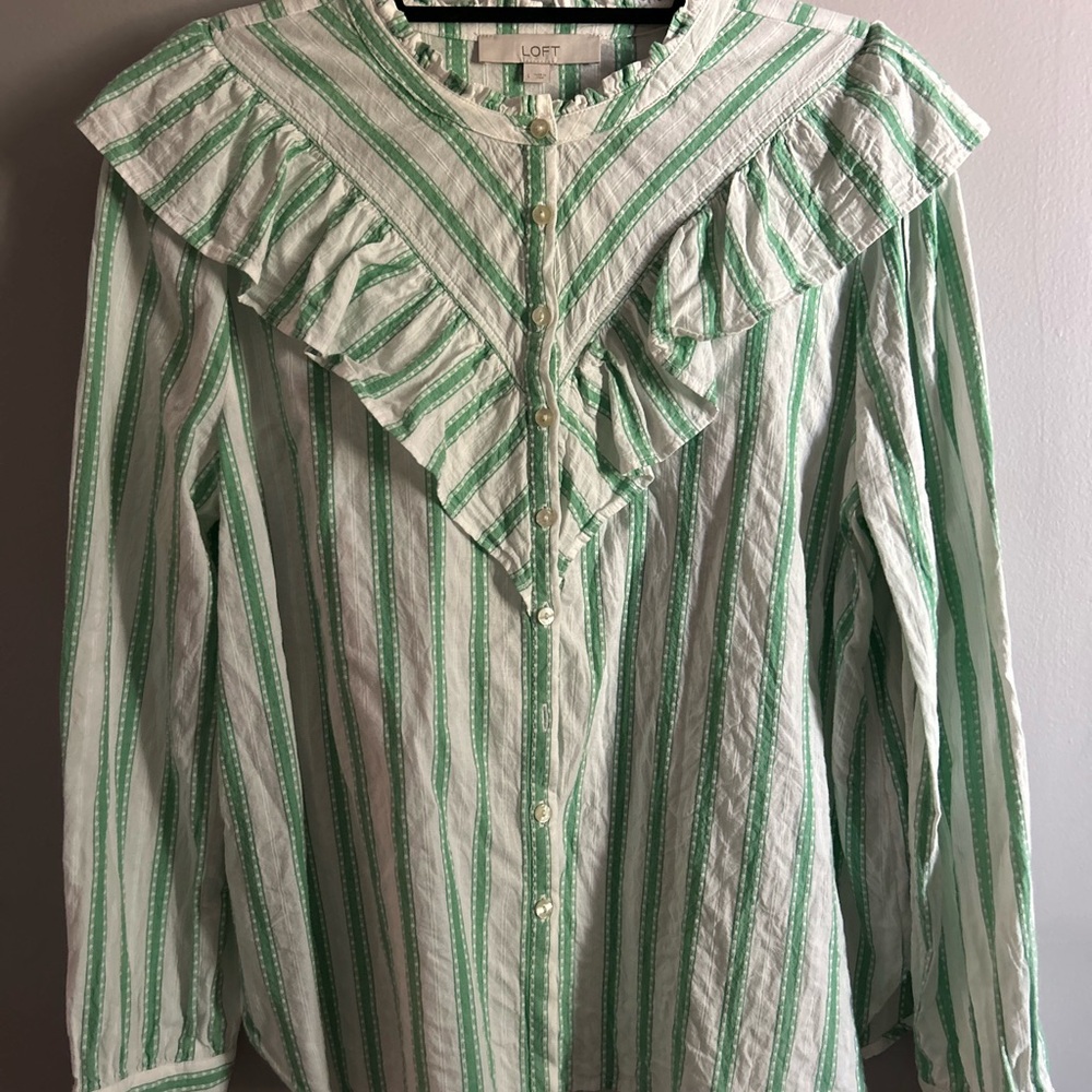 LOFT White and Green Ruffled Blouse